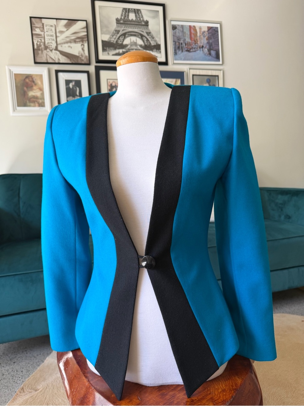 Vintage Women's Teal and Black Single-Button Blazer Jacket